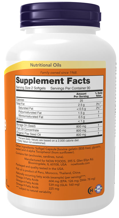 NOW Supplements, Super Omega 3-6-9 1200 mg with a blend of Fish, Borage and Flax Seed Oils, 180 Softgels