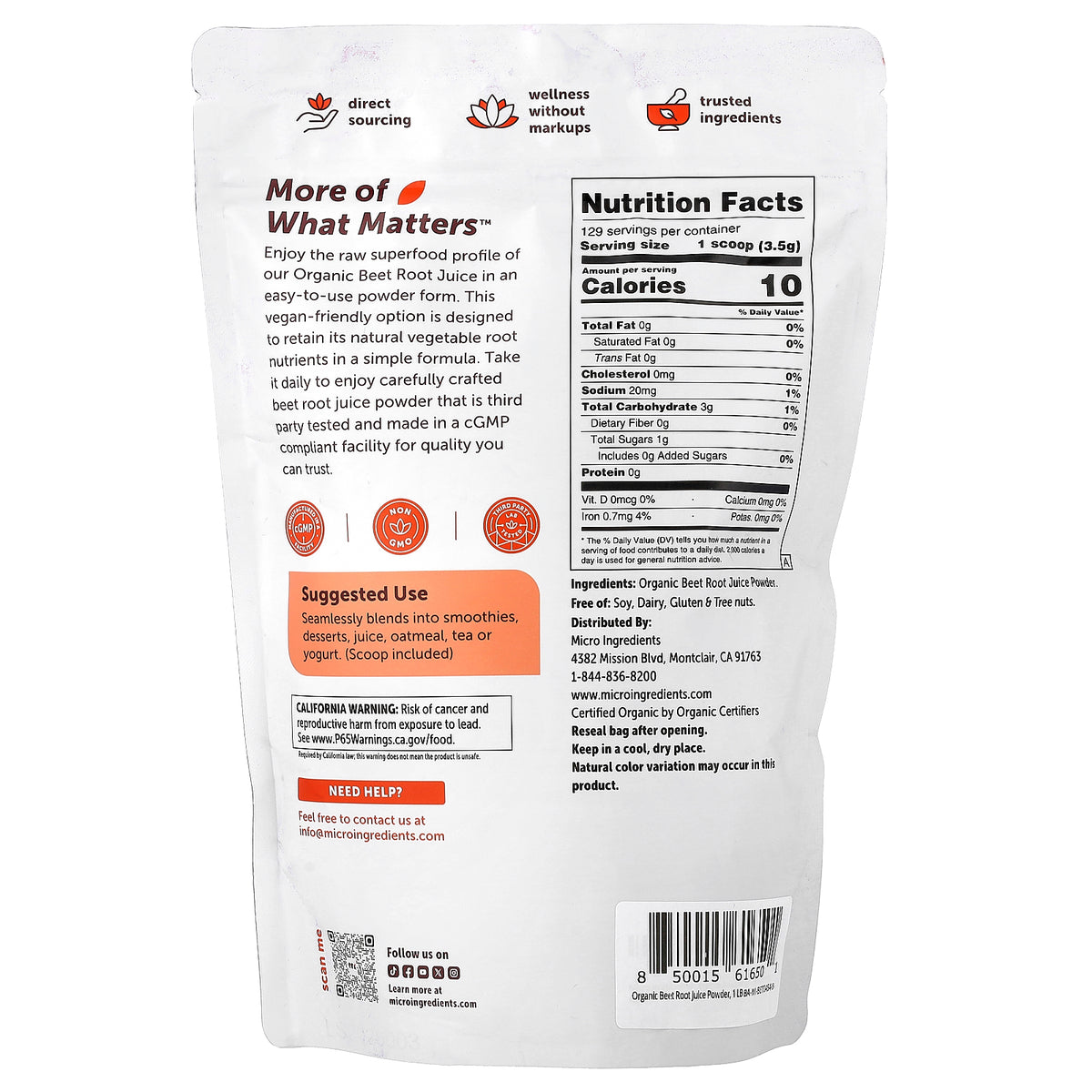 Micro Ingredients, Organic Beet Root Juice Powder, 1 lb (454 g)