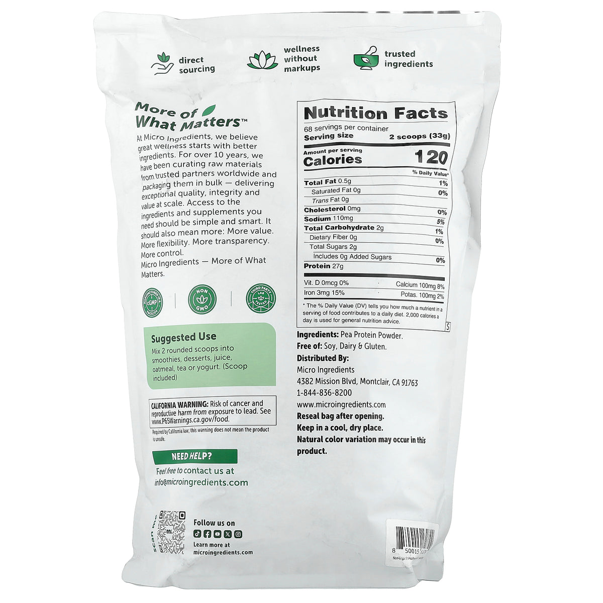 Micro Ingredients, Pea Protein Powder, Unflavored, 5 lb (2,268 g)