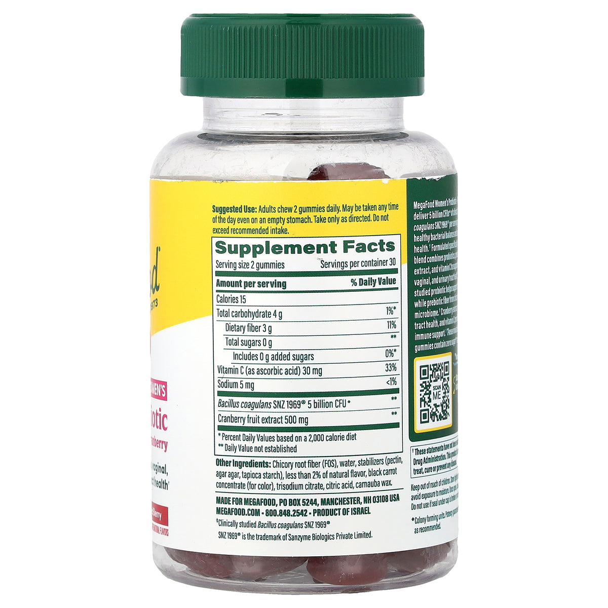 MegaFood, Women's Probiotic + Prebiotic With Vitamin C & Cranberry Gummies, Mixed Berry, 60 Gummies