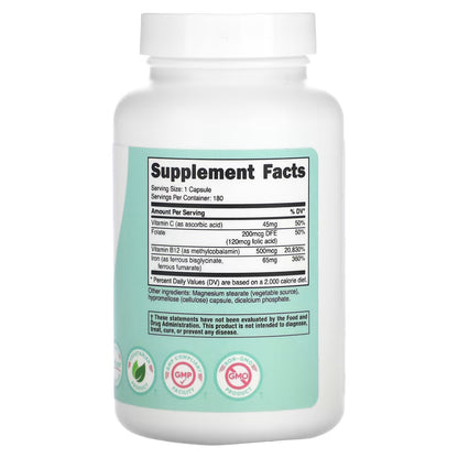 Nutricost, Women, Iron, With Vitamin C, Folate, & Vitamin B12, 180 Capsules