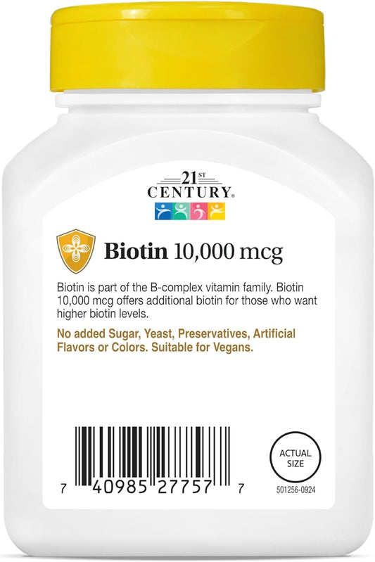21st Century Biotin Tablets, 10,000 mcg, Unflavored 120 Count