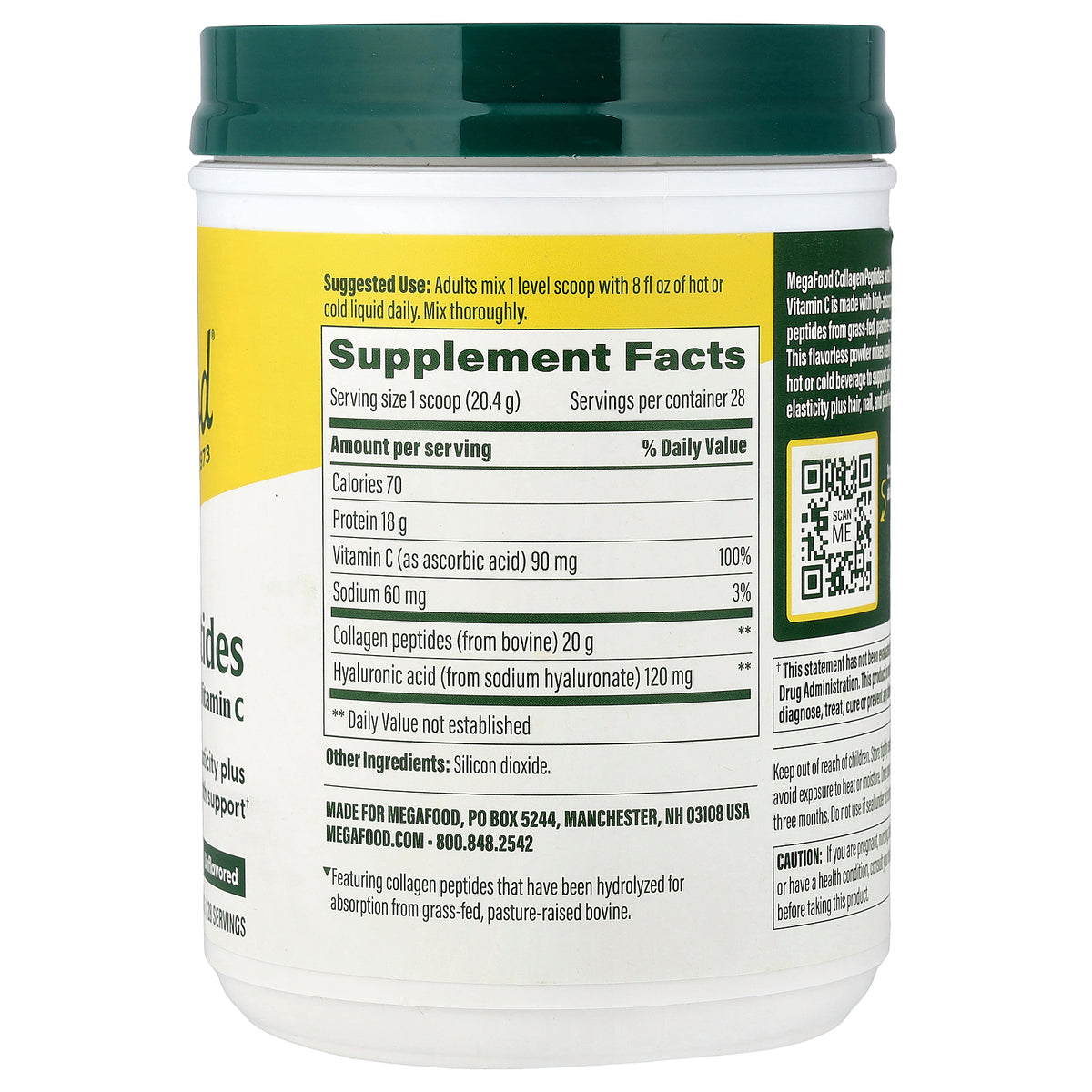 MegaFood, Collagen Peptides With Hyaluronic Acid & Vitamin C, Unflavored, 20 oz (571.2 g)