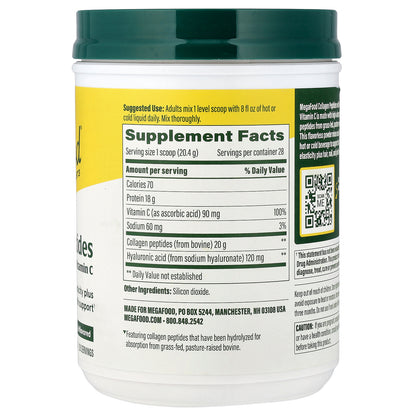 MegaFood, Collagen Peptides With Hyaluronic Acid & Vitamin C, Unflavored, 20 oz (571.2 g)