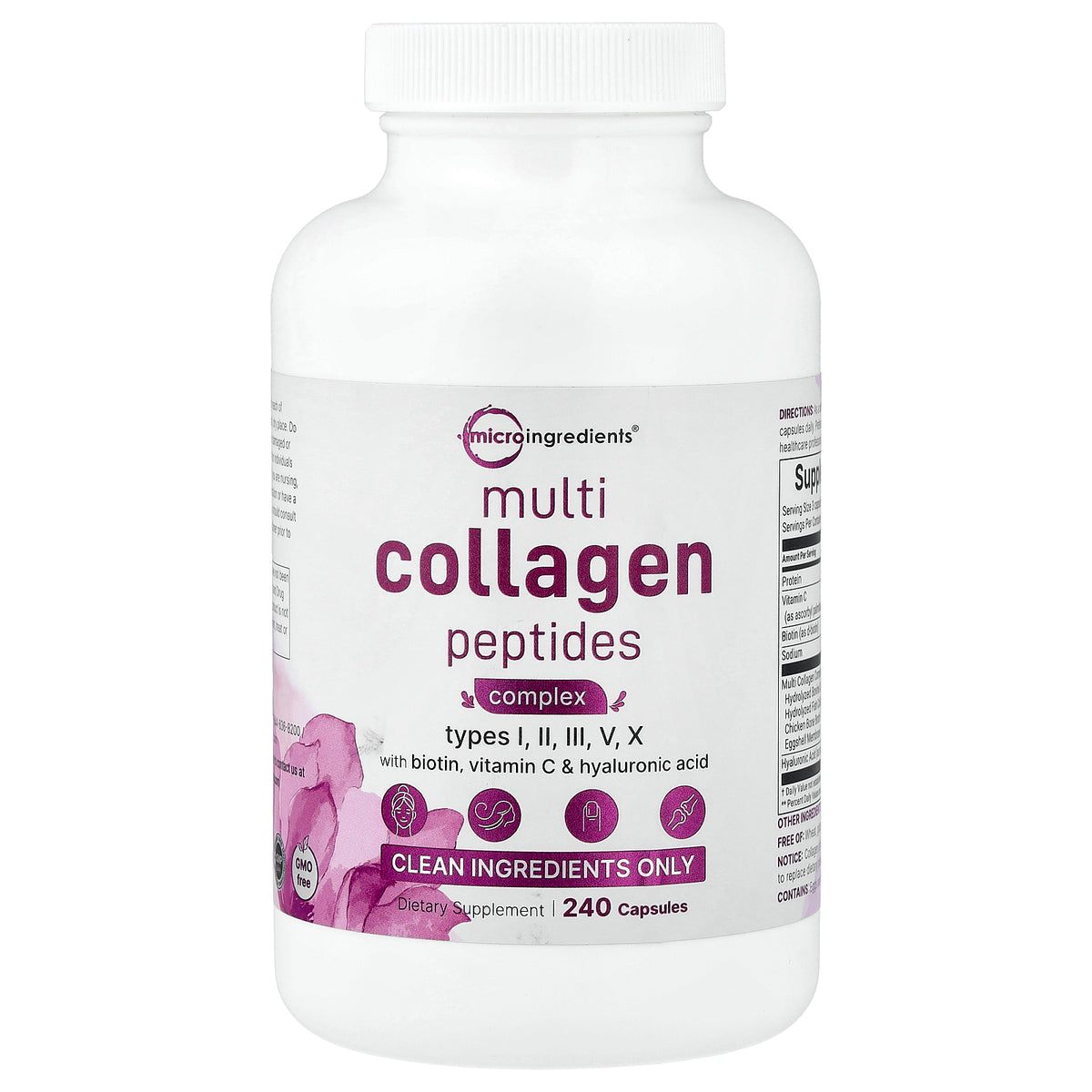 Micro Ingredients, Multi-Collagen Peptides Complex with Biotin, Vitamin C & Hyaluronic Acid, 240 capsules