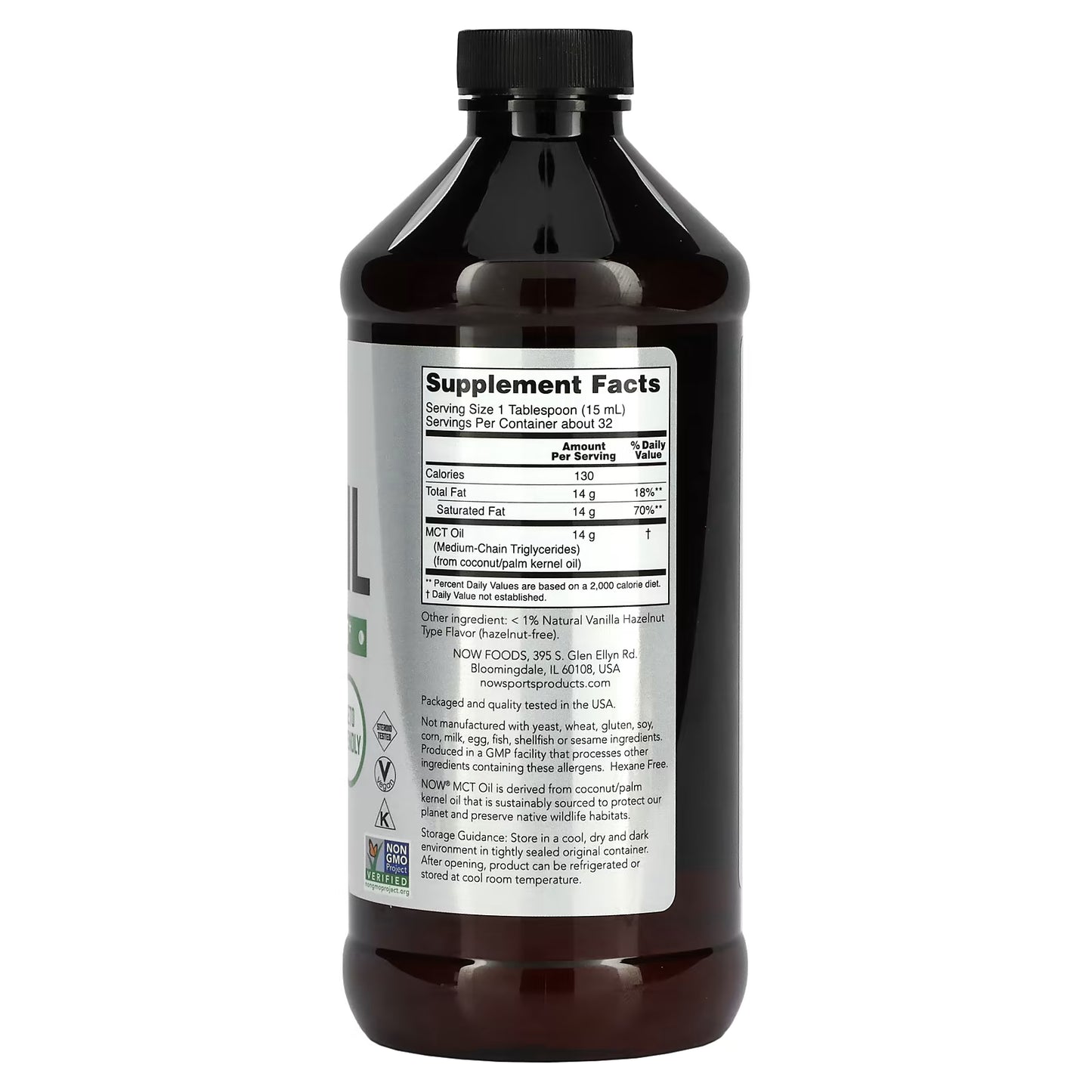 NOW Foods, Sports, MCT Oil, Vanilla Hazelnut, 14 g, 16 fl oz (473 ml)