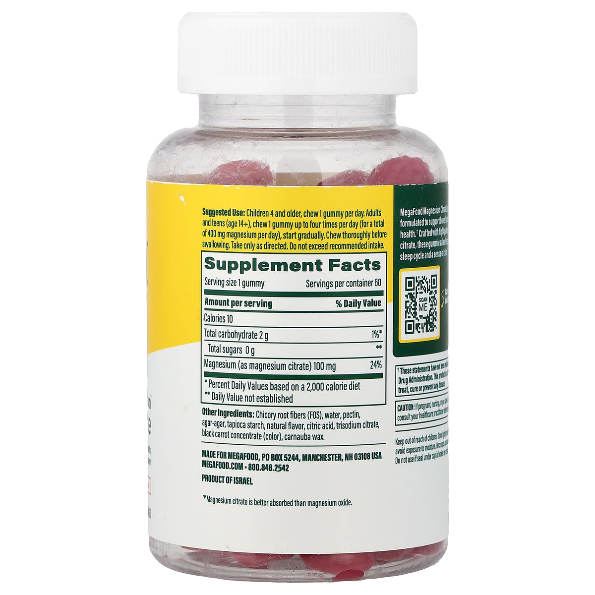 MegaFood, Magnesium Citrate Gummies, Raspberry, 60 Gummies (100 mg per Gummy)