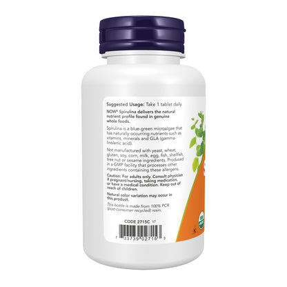 NOW Supplements, Organic Spirulina 1,000 mg, Double Strength, 120 Tabs