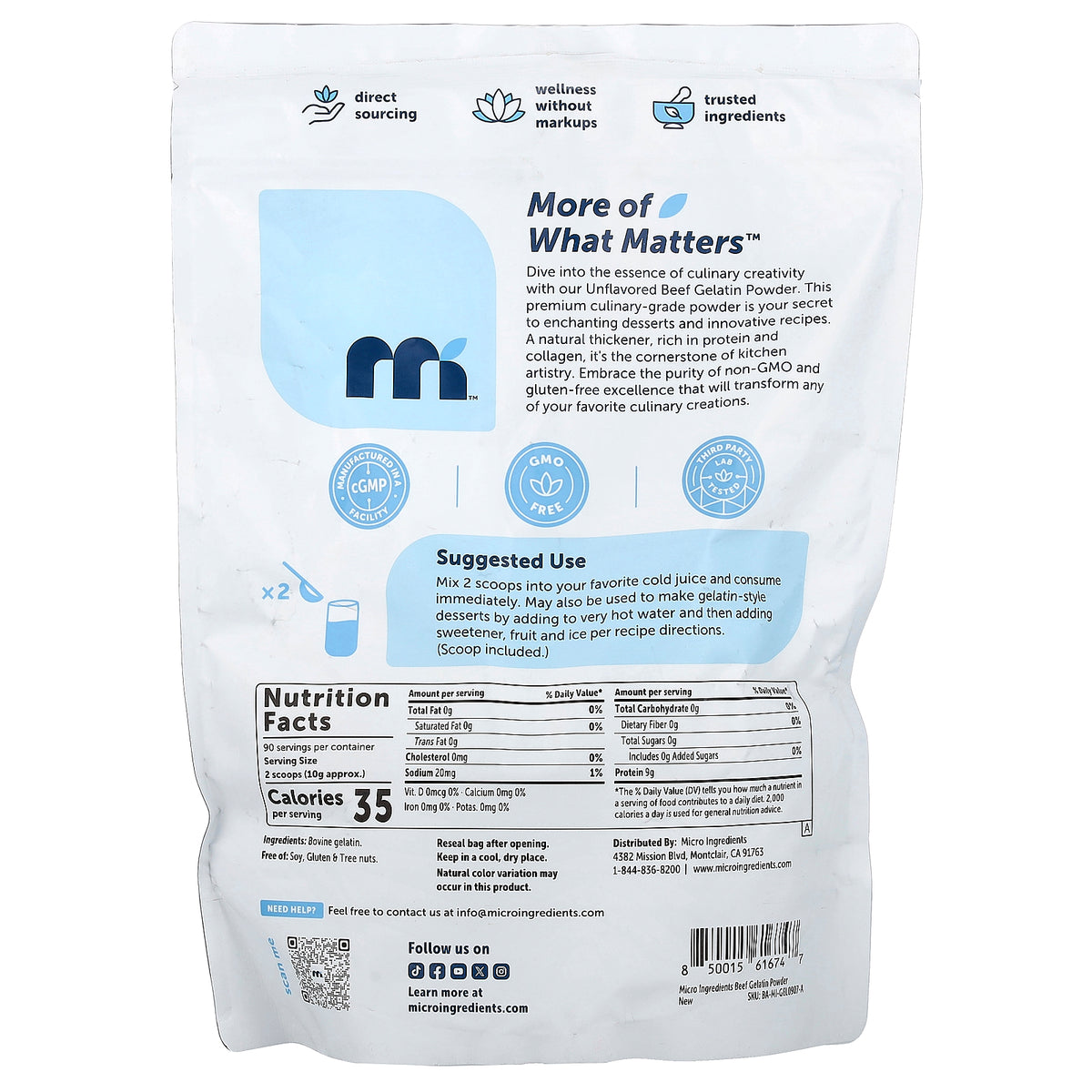 Micro Ingredients, Beef Gelatin Powder, Unflavored, 2 lb (907 g)