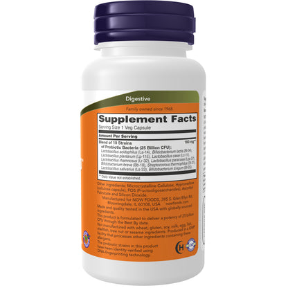 NOW Supplements, Probiotic-10™, 25 Billion, with 10 Probiotic Strains, Dairy, Soy and Gluten Free, Strain Verified, 100 Veg Capsules