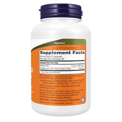 NOW Supplements, Betaine HCl + Ox Bile - 120 Veg Capsule
