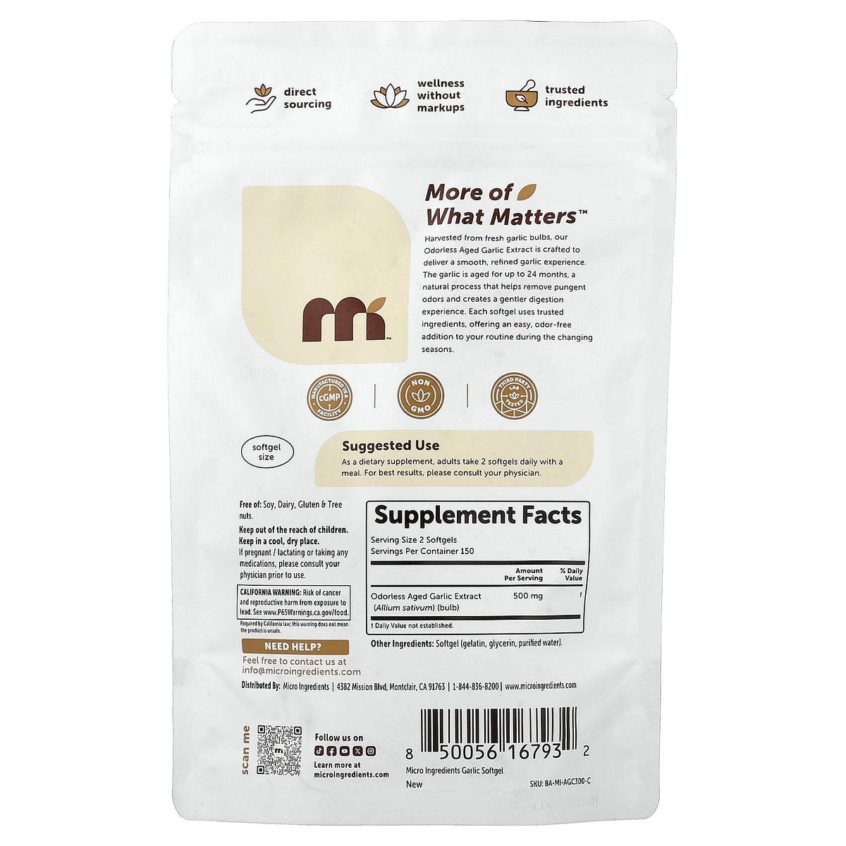 Micro Ingredients, Odorless Aged Garlic Extract, 300 Softgels (250 mg per Softgel)