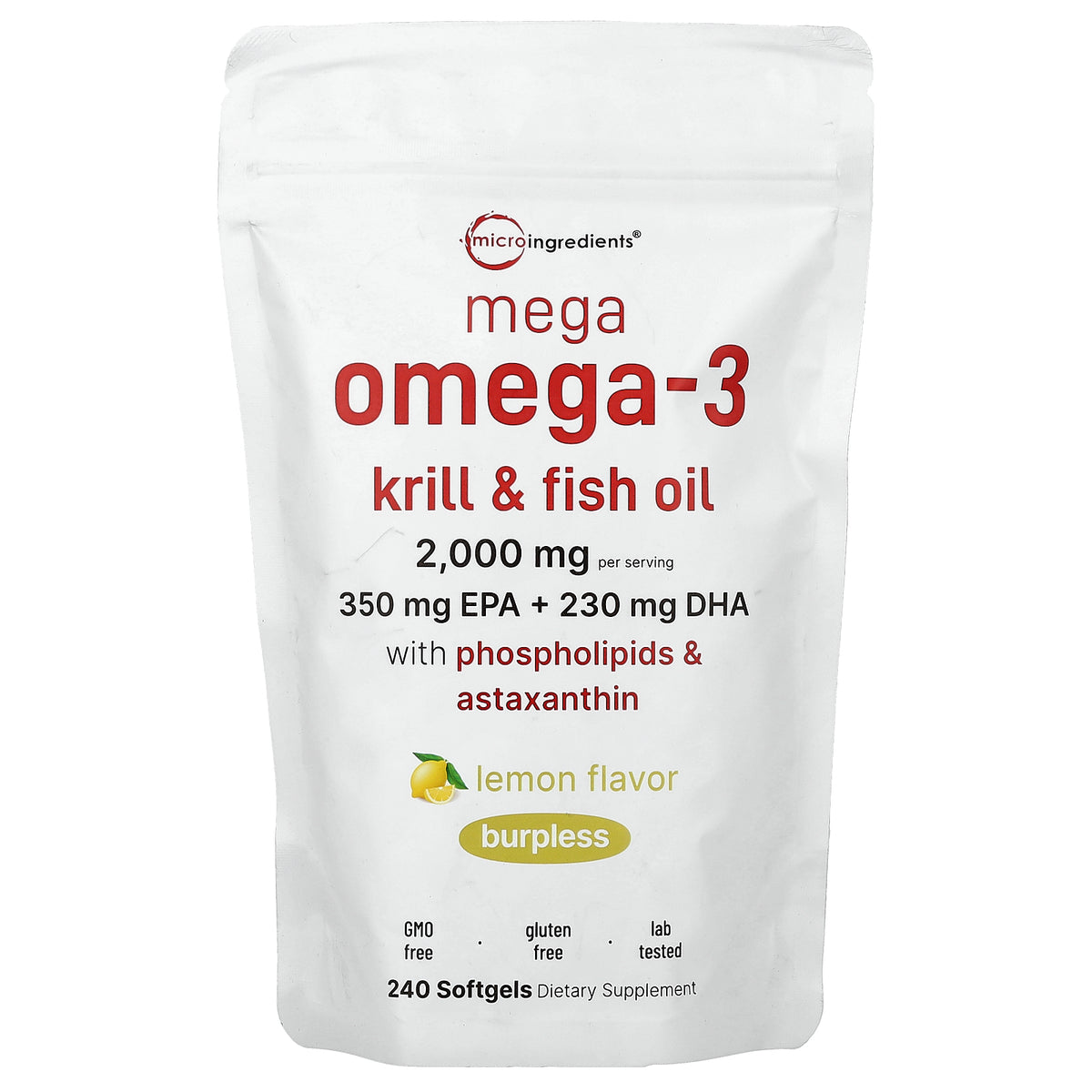 Micro Ingredients, Mega Omega-3 Krill & Fish Oil with Phospholipids & Astaxanthin, Lemon, 240 Softgels