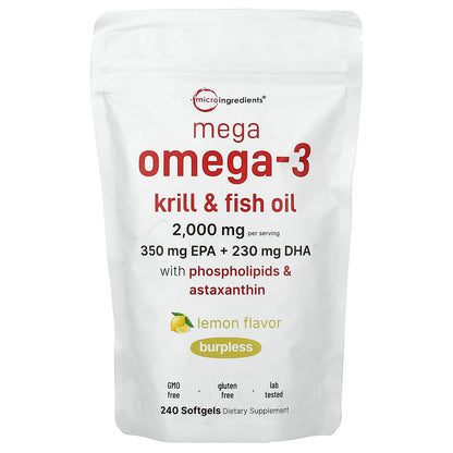 Micro Ingredients, Mega Omega-3 Krill & Fish Oil with Phospholipids & Astaxanthin, Lemon, 240 Softgels