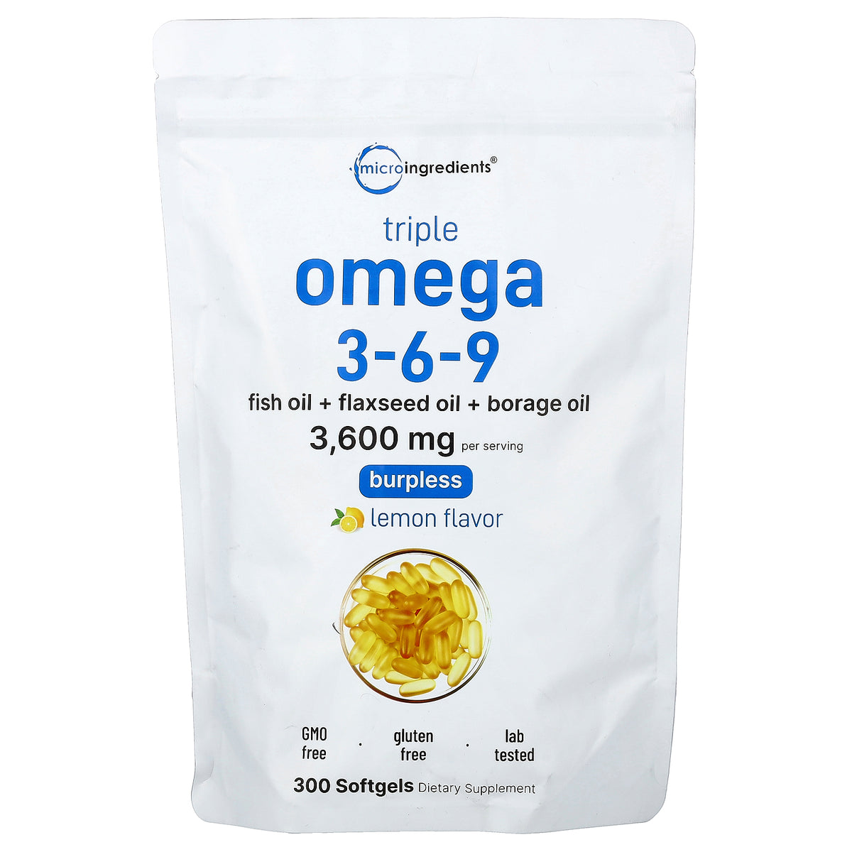Micro Ingredients, Triple Omega 3-6-9, Lemon, 300 Softgels