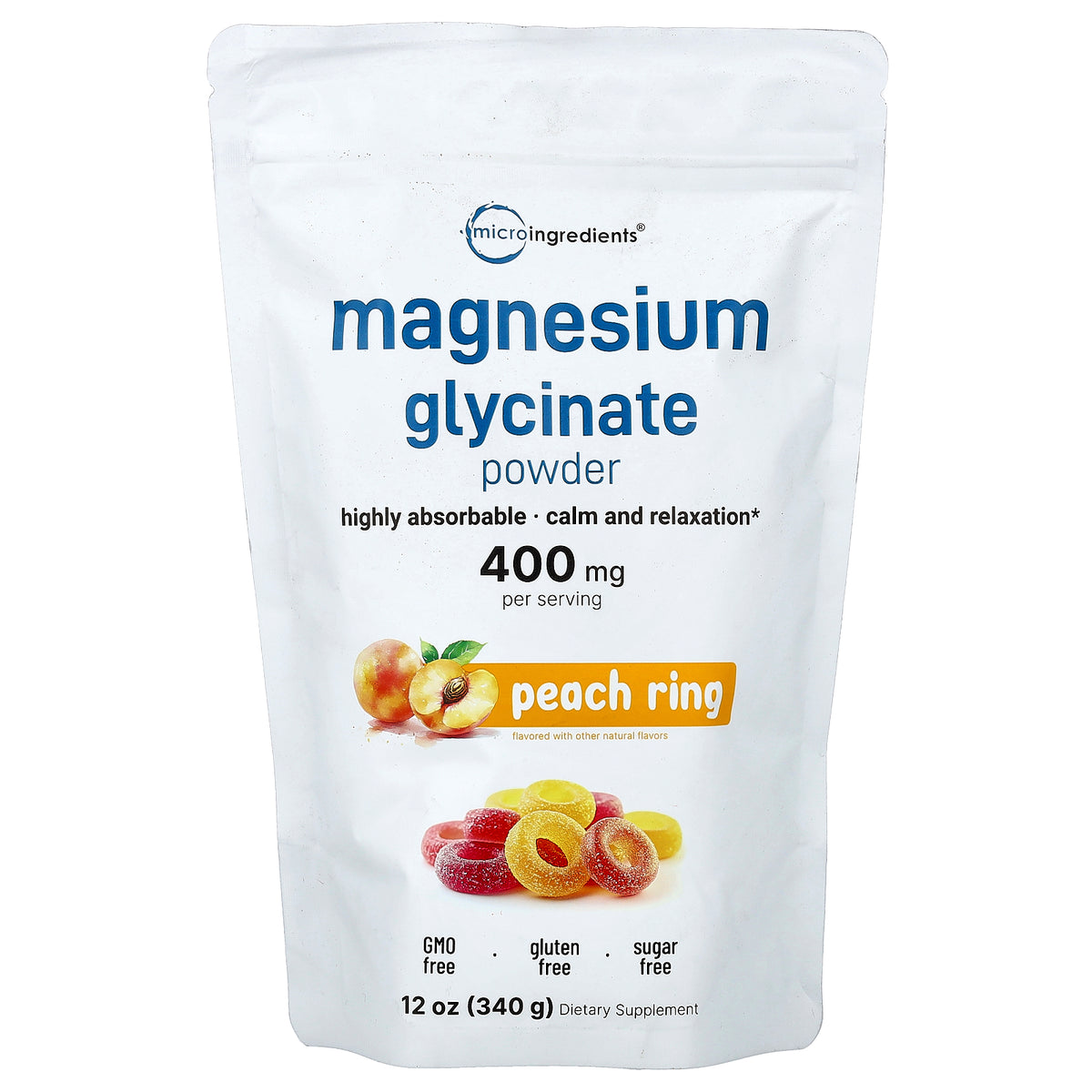Micro Ingredients, Magnesium Glycinate Powder, Peach Rings, 12 oz (340 g)