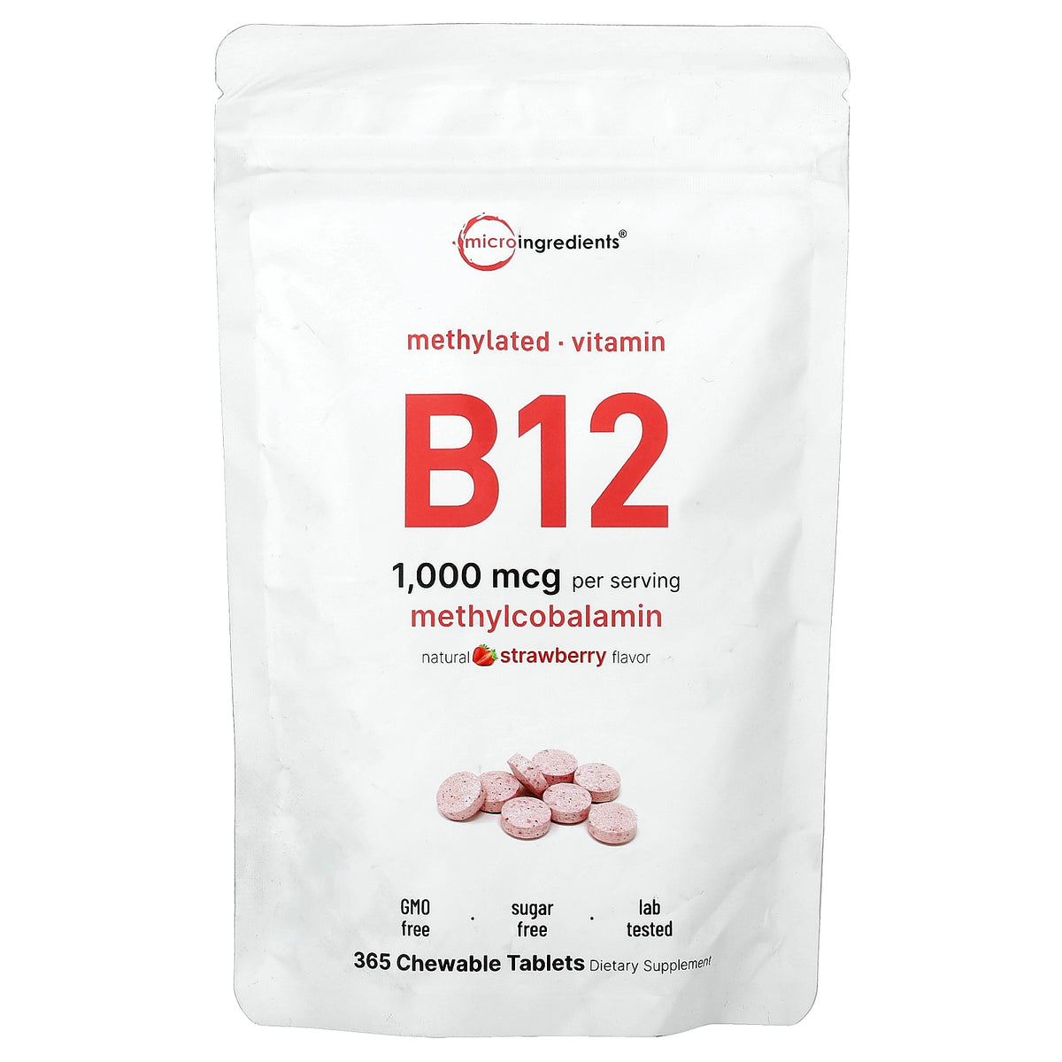 Micro Ingredients, Vitamin B12, Natural Strawberry, 1,000 mcg, 365 Chewable Tablets