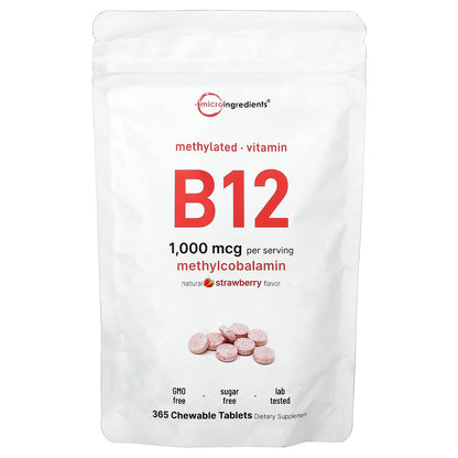 Micro Ingredients, Vitamin B12, Natural Strawberry, 1,000 mcg, 365 Chewable Tablets