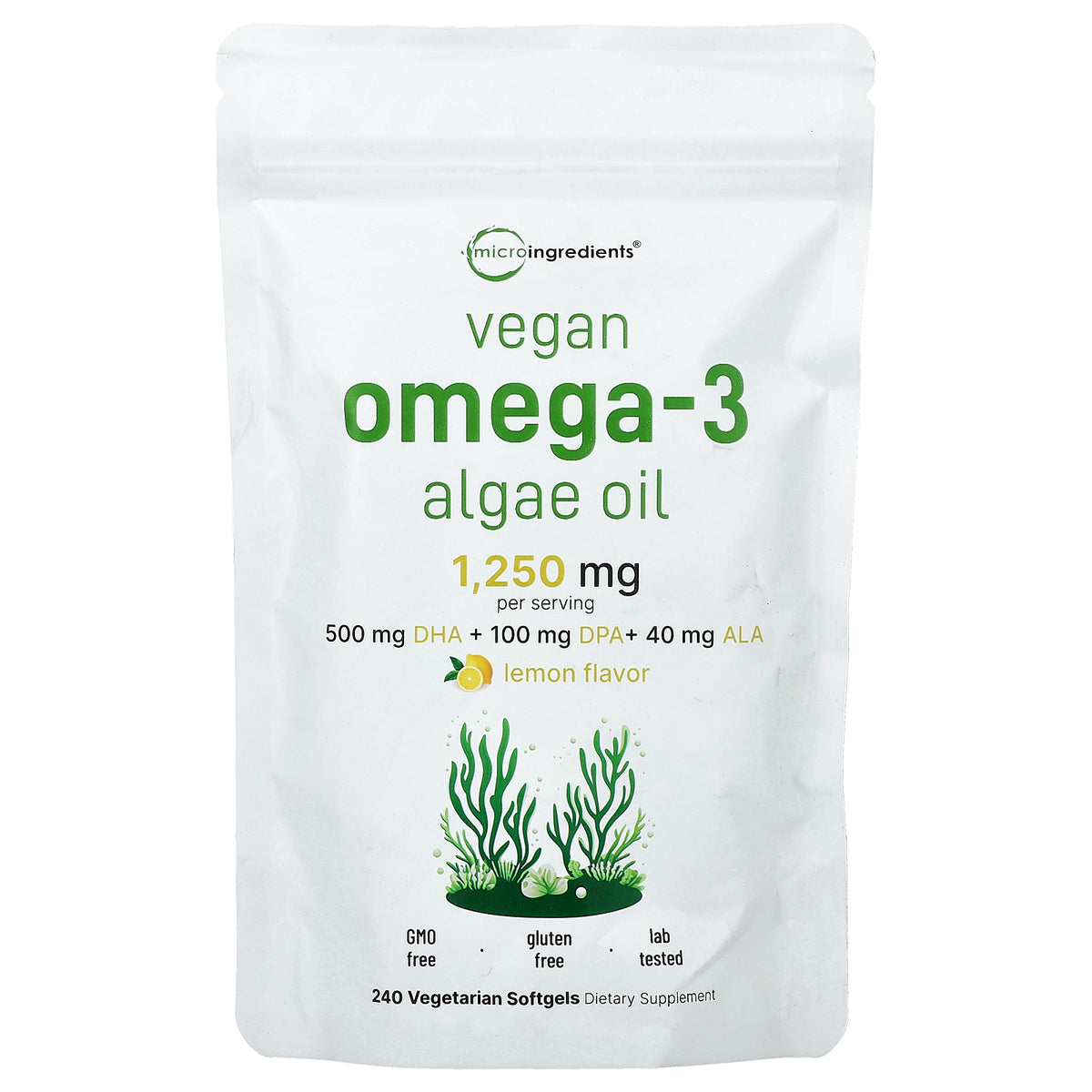 Micro Ingredients, Vegan Omega-3 Algae Oil, Lemon, 240 Vegetarian Softgels