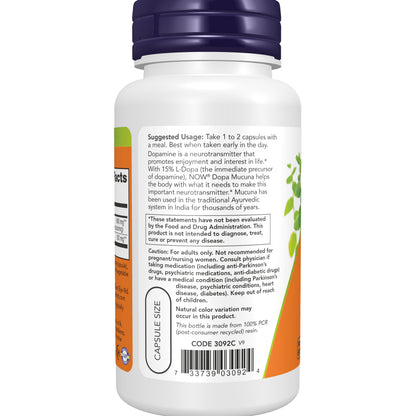 NOW Supplements, DOPA Mucuna, Standardized Mucuna Extract with Naturally Occurring 15% L-Dopa, 90 Veg Capsules
