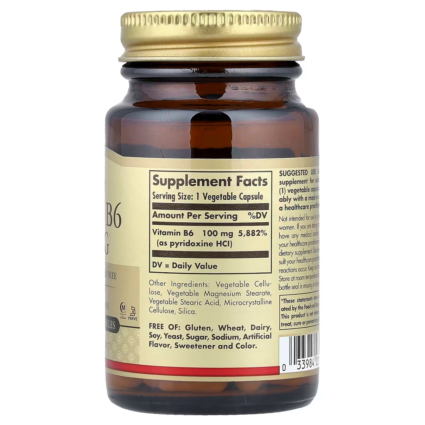 Solgar, Vitamin B6, 100 mg, 100 Vegetable Capsules