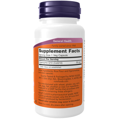 NOW Supplements, CoQ10 30 mg, Pharmaceutical Grade, All-Trans Form produced by Fermentation, 120 Veg Capsules