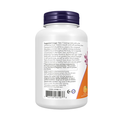 NOW Supplements, CoQ10 200 mg, Pharmaceutical Grade, All-Trans Form produced by Fermentation, 90 Lozenges