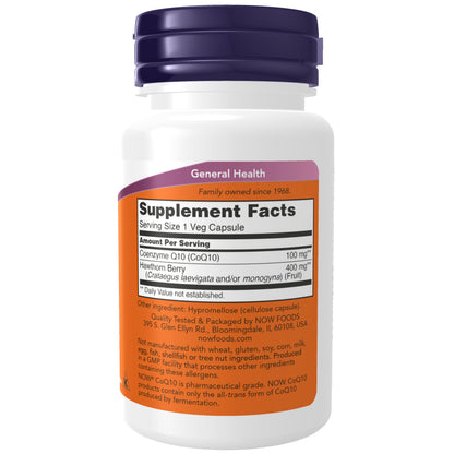 NOW Supplements, CoQ10 100 mg with Hawthorn Berry, Pharmaceutical Grade, All-Trans Form produced by Fermentation, 30 Veg Capsules