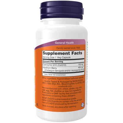 NOW Supplements, CoQ10 100 mg with Hawthorn Berry, Pharmaceutical Grade, All-Trans Form produced by Fermentation, 90 Veg Capsules