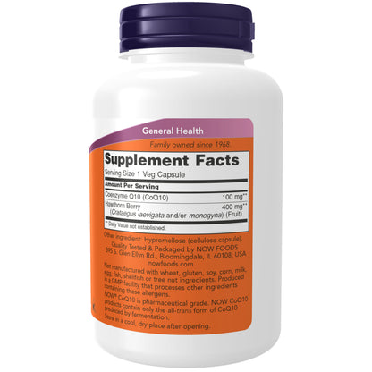 NOW Supplements, CoQ10 100 mg with Hawthorn Berry, Pharmaceutical Grade, All-Trans Form produced by Fermentation, 180 Veg Capsules