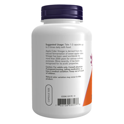 NOW Supplements, Apple Cider Vinegar 450 mg, Derived from Fermentation of Sweet Apple Cider, 180 Veg Capsules