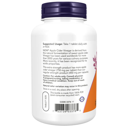 NOW Supplements, Apple Cider Vinegar 750 mg, from Fermentation of Sweet Apple Cider, Extra Strength, 180 Tablets