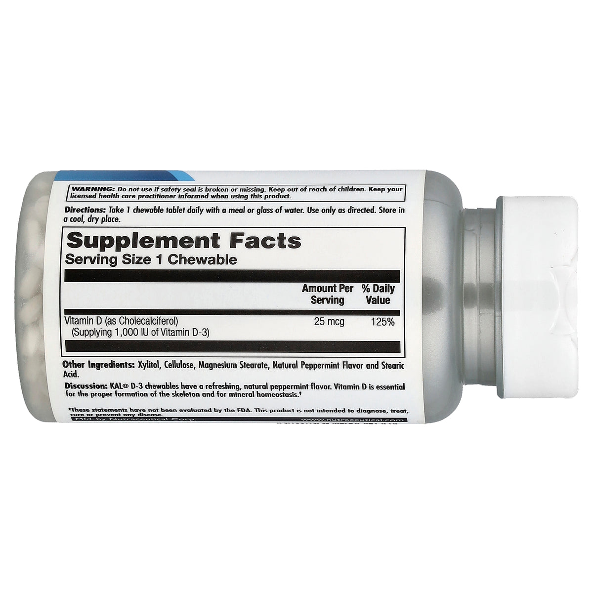 KAL, D-3, Peppermint, 25 mcg (1,000 IU), 200 Chewables