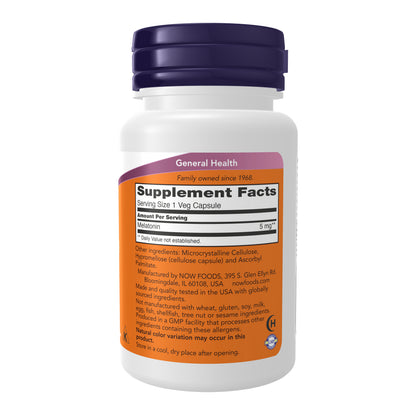 NOW Supplements, Melatonin 5 mg, Free Radical Scavenger*, Healthy Sleep Cycle*, 60 Veg Capsules