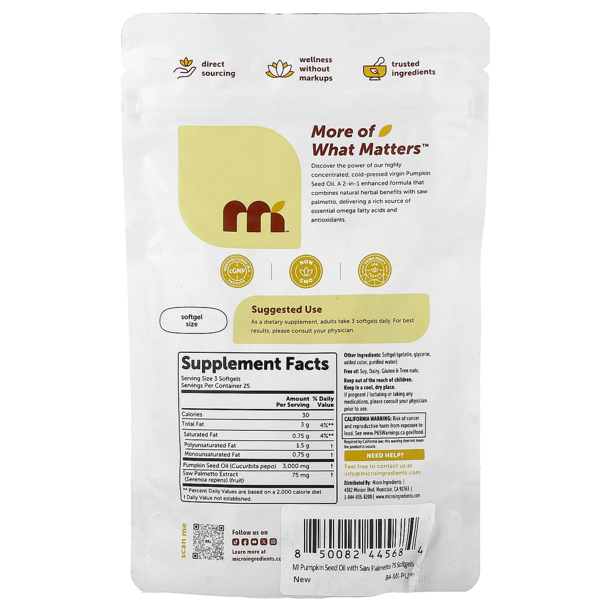 Micro Ingredients, Pumpkin Seed Oil with Saw Palmetto, 75 Softgels