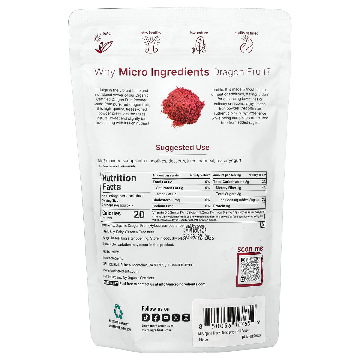Micro Ingredients, Organic Dragon Fruit Powder, Freeze-Dried, 10 oz (283 g)