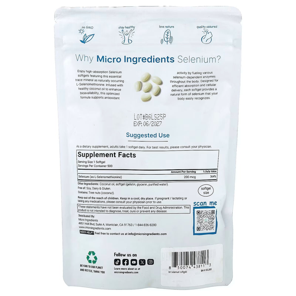 Micro Ingredients, Selenium, 200 mcg, 500 Softgels