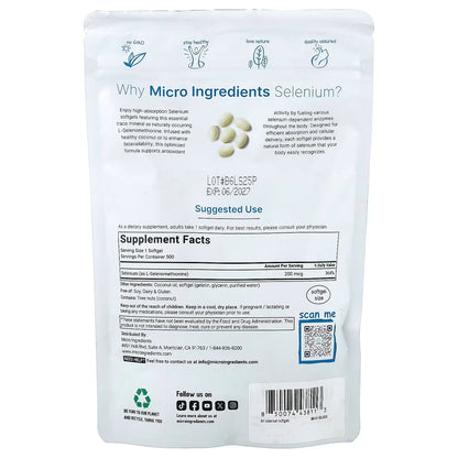 Micro Ingredients, Selenium, 200 mcg, 500 Softgels