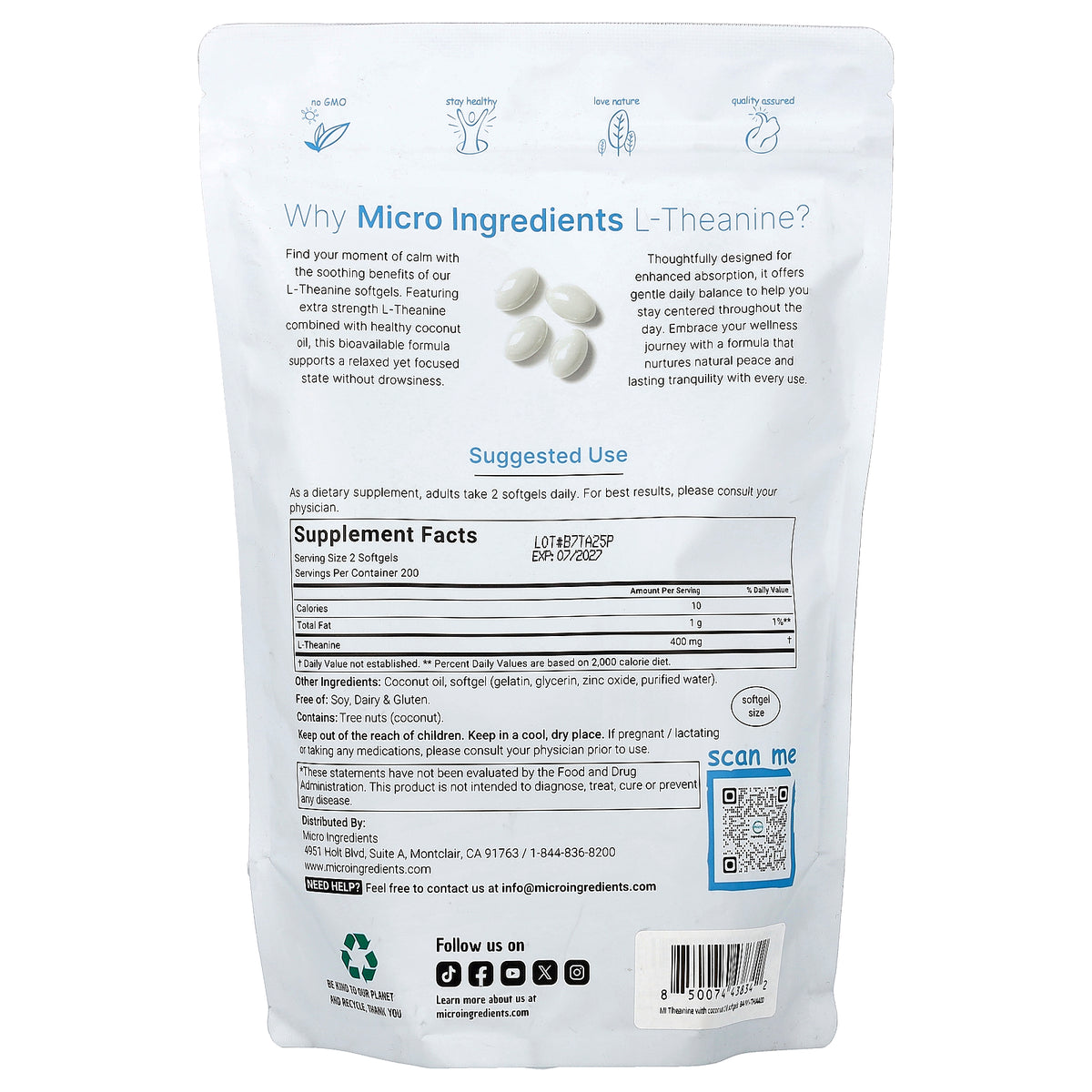 Micro Ingredients, L-Theanine, 400 Softgels (200 mg per Softgel)