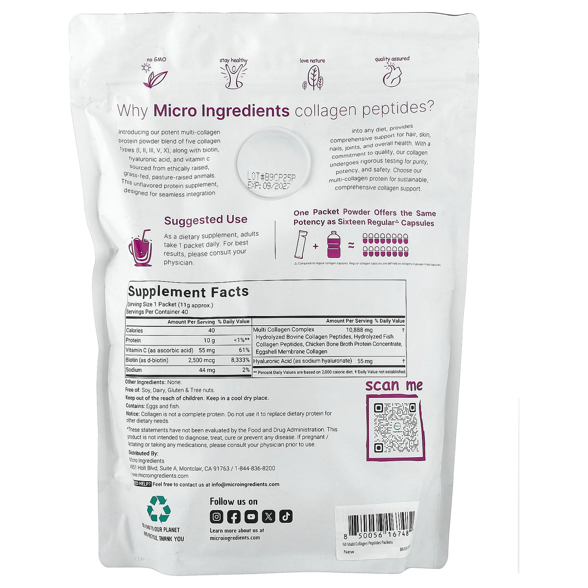 Micro Ingredients, Multi Collagen Peptides, Unflavored, 40 Packets, 0.39 oz (11 g) Each