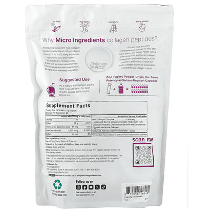 Micro Ingredients, Multi Collagen Peptides, Unflavored, 40 Packets, 0.39 oz (11 g) Each