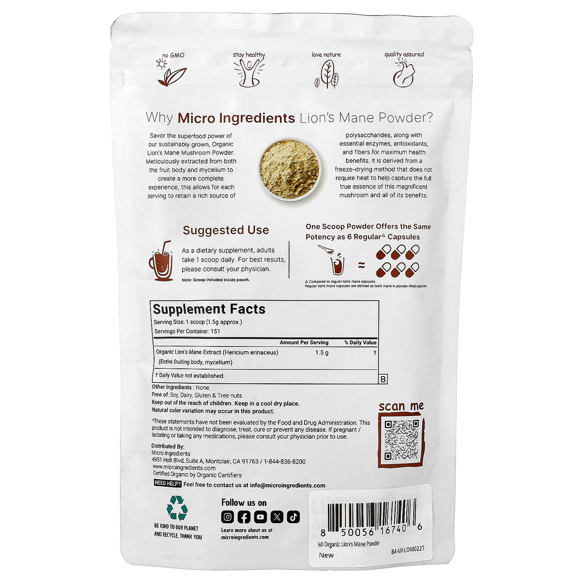 Micro Ingredients, Organic Lion's Mane Powder, 8 oz (227 g)