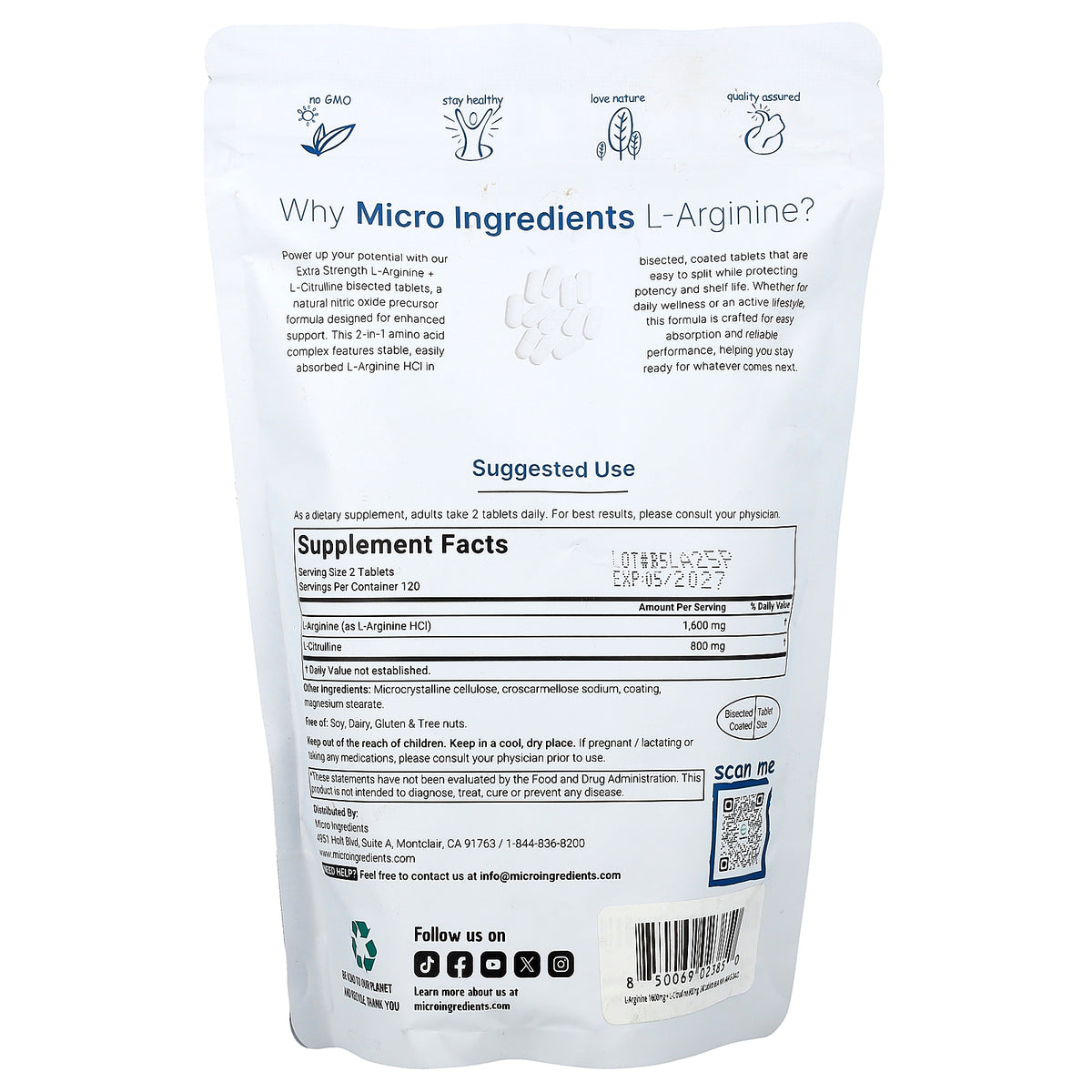 Micro Ingredients, L Arginine + L-Citrulline, 240 Bisected Tablets