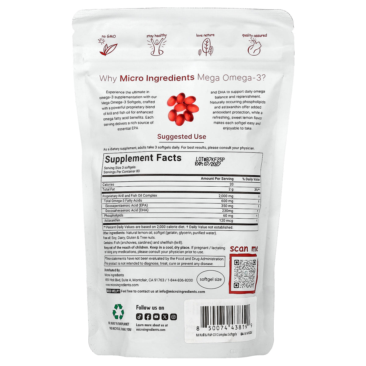 Micro Ingredients, Mega Omega-3 Krill & Fish Oil with Phospholipids & Astaxanthin, Lemon, 240 Softgels