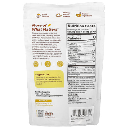 Micro Ingredients, Electrolytes Powder, Lemon & Raspberry, 1 lb (454 g)
