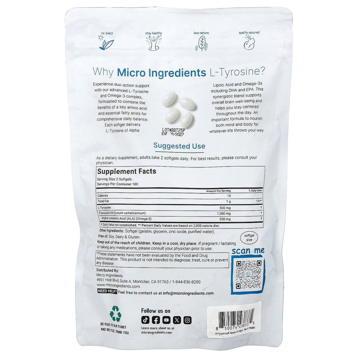 Micro Ingredients, L-Tyrosine, 360 Softgels