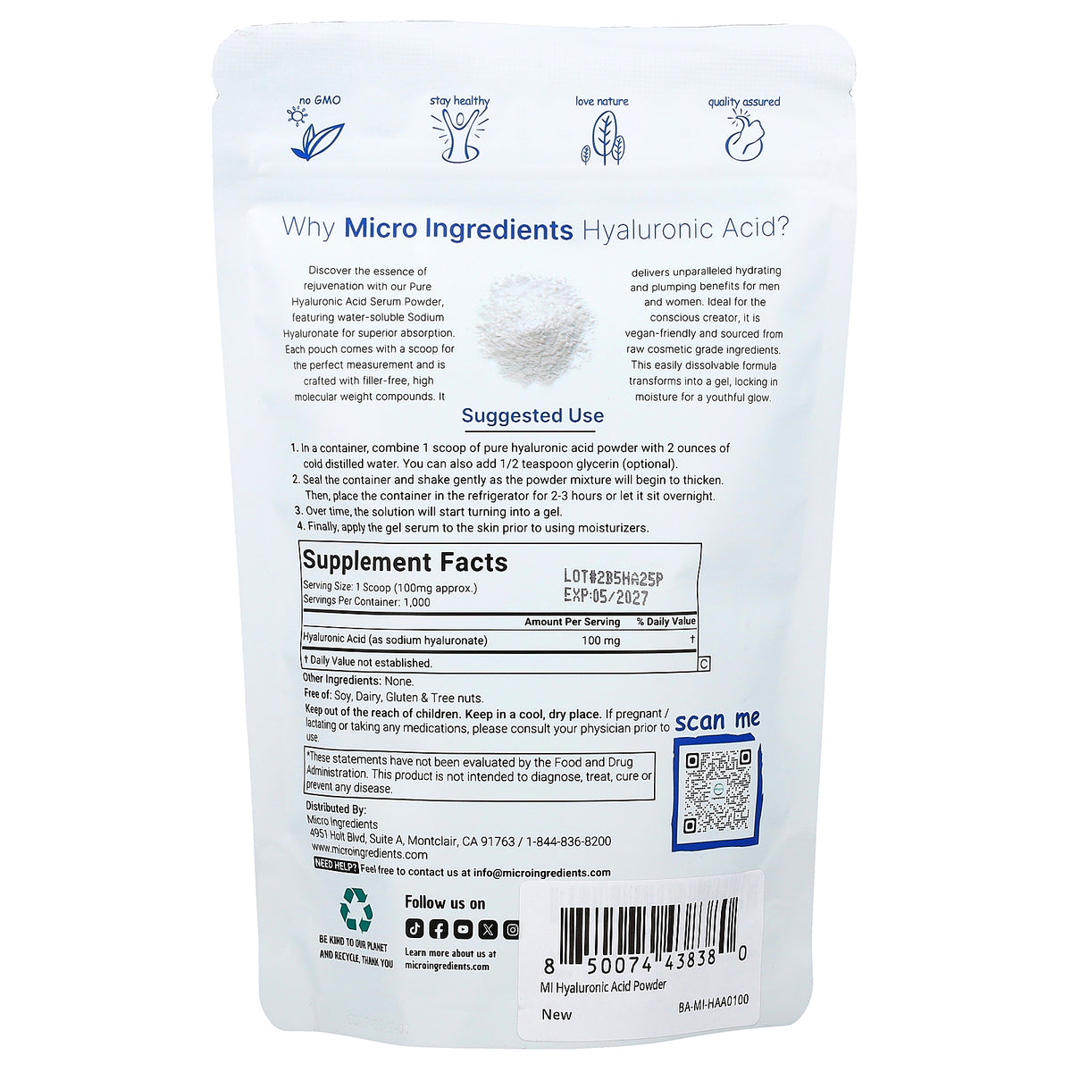 Micro Ingredients, Hyaluronic Acid Powder, 3.52 oz (100 g)