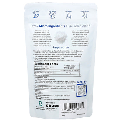 Micro Ingredients, Hyaluronic Acid Powder, 3.52 oz (100 g)
