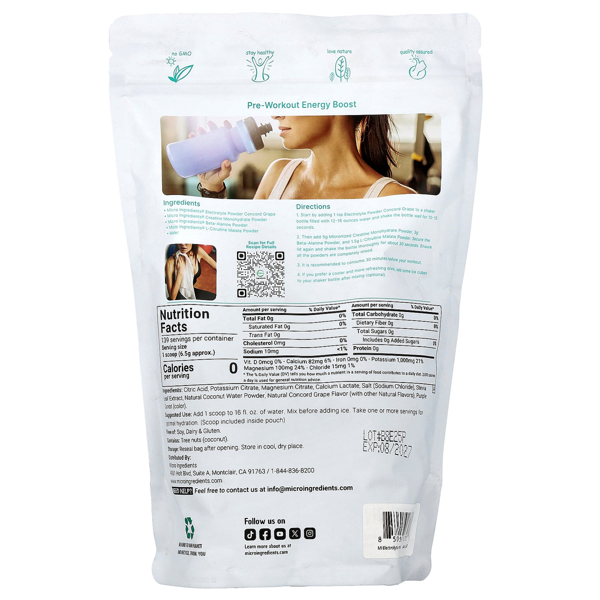 Micro Ingredients, Electrolyte Powder, Concord Grape, 2 lb (907 g)