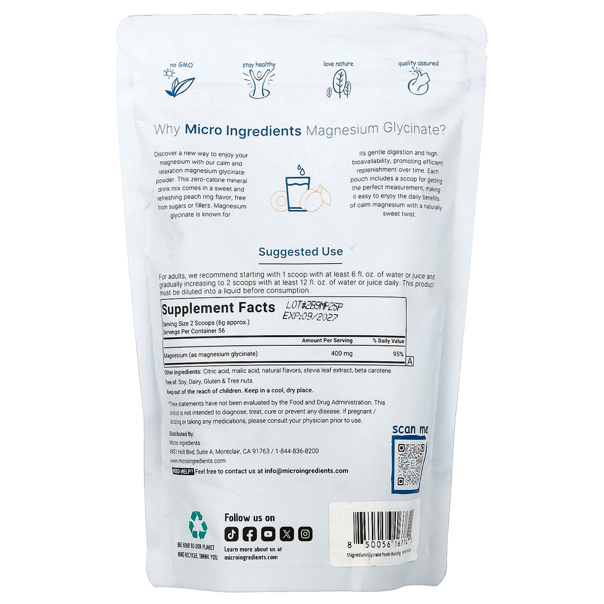 Micro Ingredients, Magnesium Glycinate Powder, Peach Rings, 12 oz (340 g)